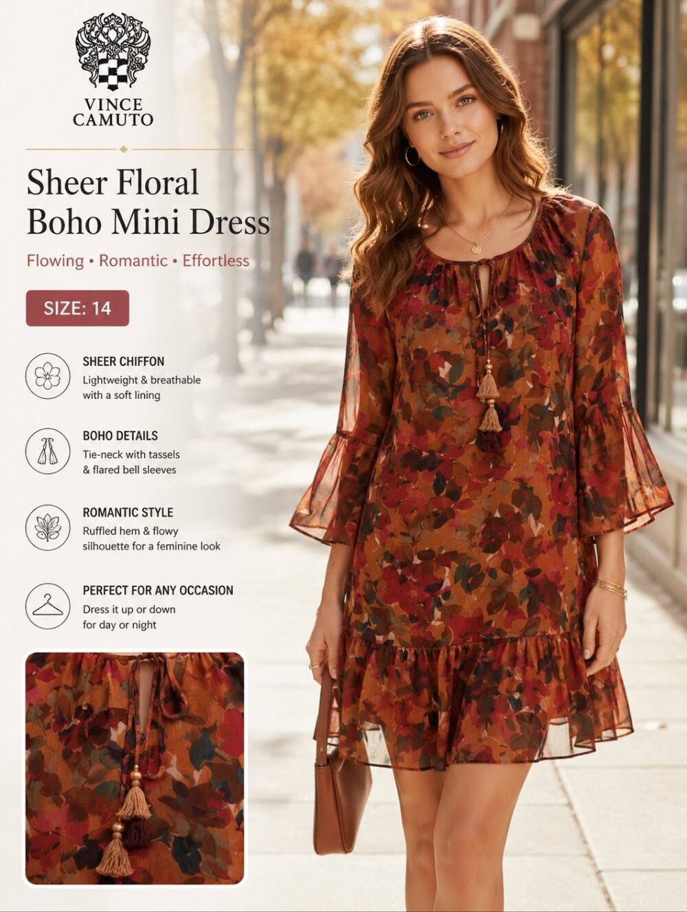 Vince Camuto Sheer Floral Boho Mini Dress Size 14 Flowing Romantic EUC $128Retai